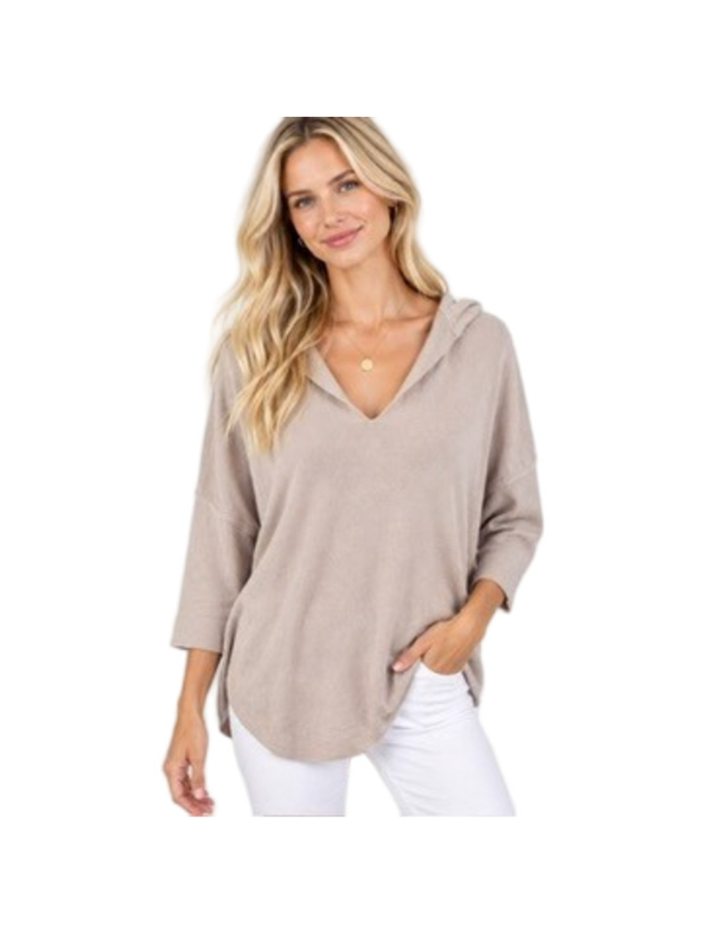 Lafayette 148 100% Wool Knit Hoodie Sweater Beige V-Neck Pullover Size P/S